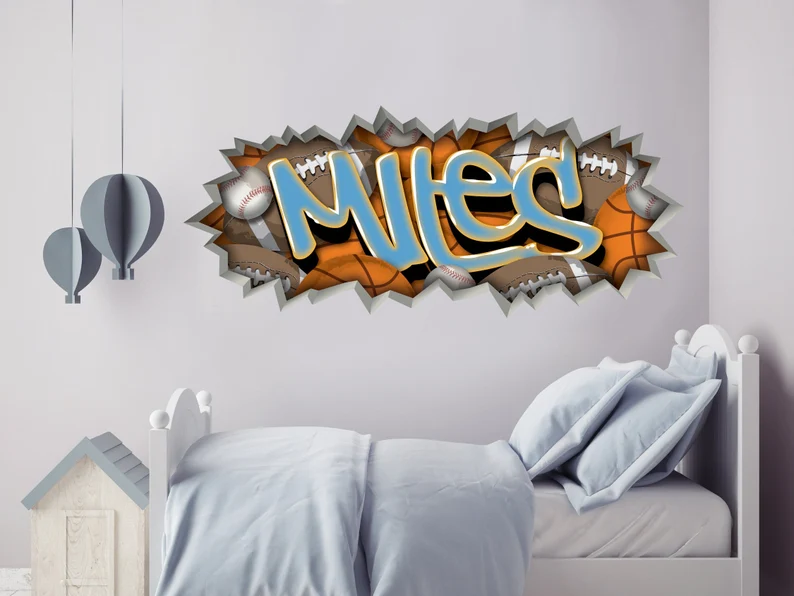 Sports Graffiti Name Wall Sticker 🏈Personalized Boys Room Decor